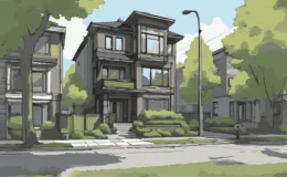 Illustration of a modern Toronto house converted into a fourplex, flanked by mature trees on a residential street