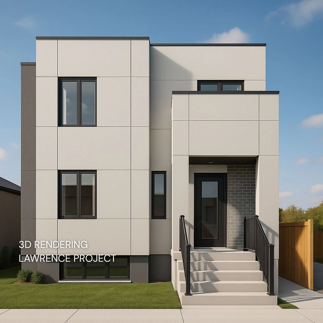 3D rendering of the Lawrence Project—modern cube-style multiplex with neutral panel cladding, black-framed windows and a raised front entry, designed by LandLord Design-Build.