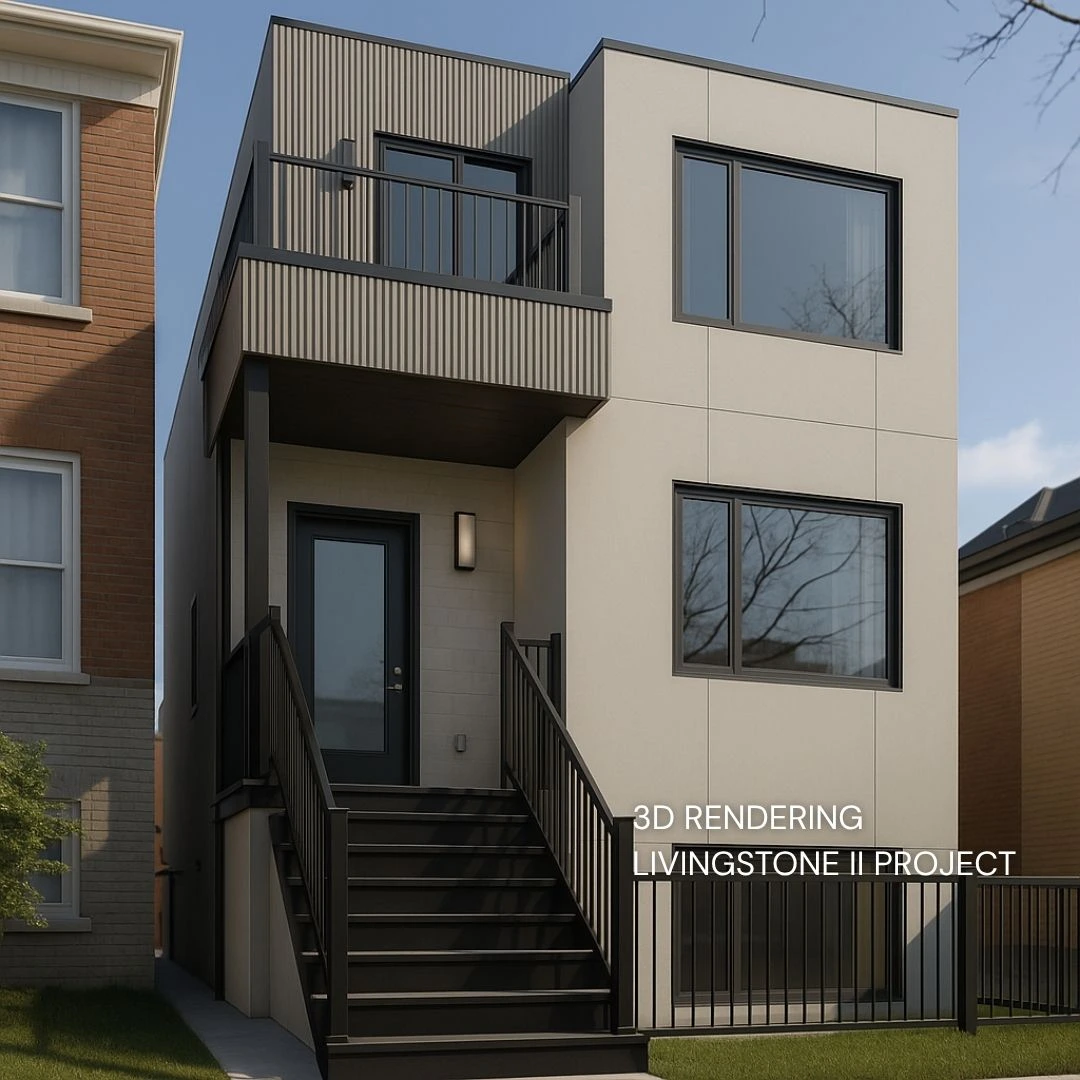 3D rendering of Livingstone II modern multiplex—cream panel cladding, ribbed metal upper balcony and black stair entry.