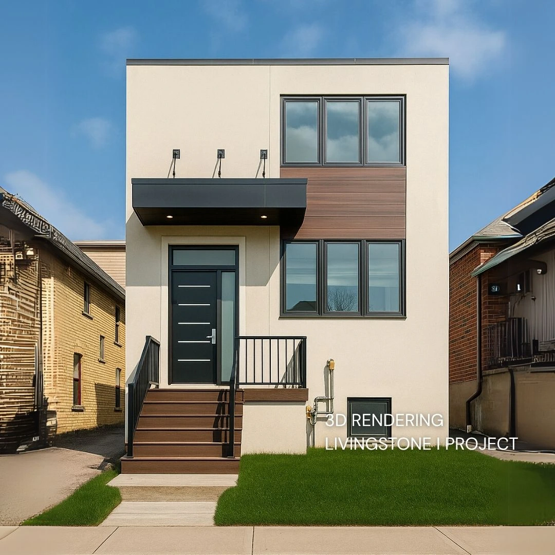 3D rendering of Livingstone I four-unit multiplex—cream façade, wood accent panel, black-framed windows, raised entry.