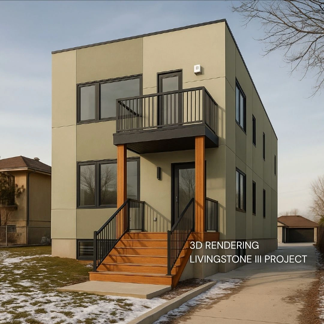 3D rendering of Livingstone III cube-style multiplex—olive stucco panels, recessed balcony and timber posts.