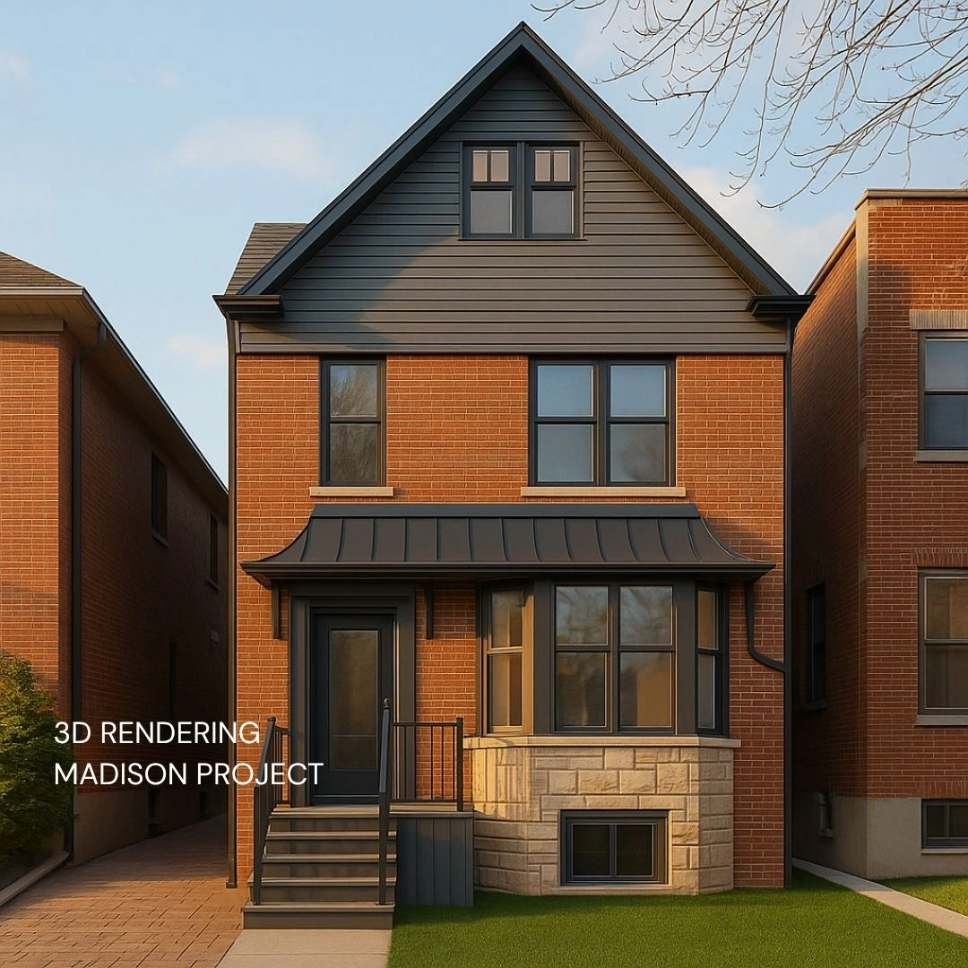 3D rendering of Madison multiplex conversion—red-brick exterior with gable roof, stone bay window and metal-clad porch.