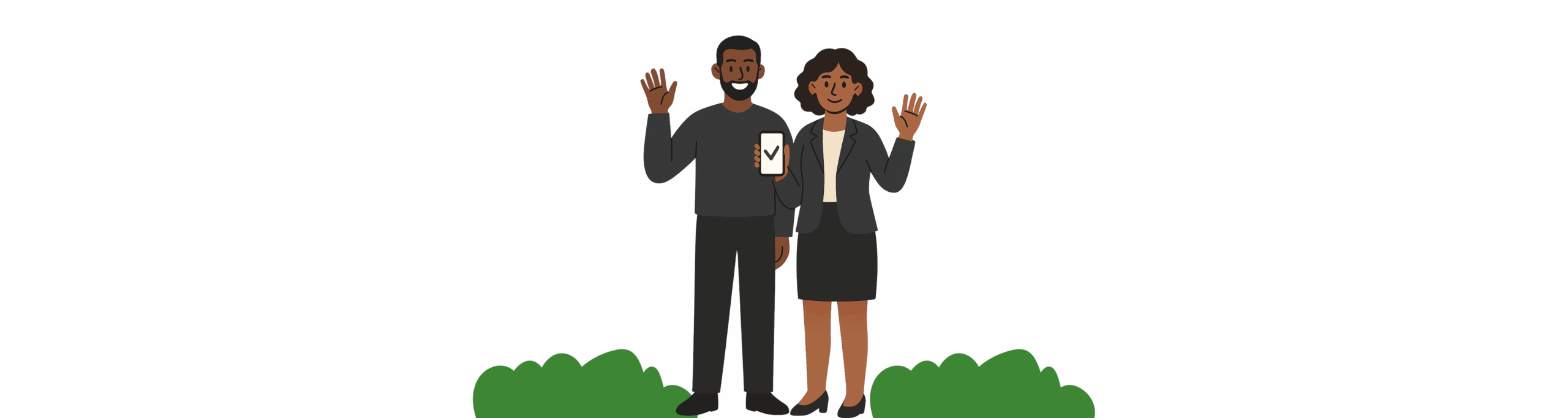 Illustration of a man and woman standing together, both waving, with the man holding a phone showing a checkmark, symbolizing secure and approved rent collection