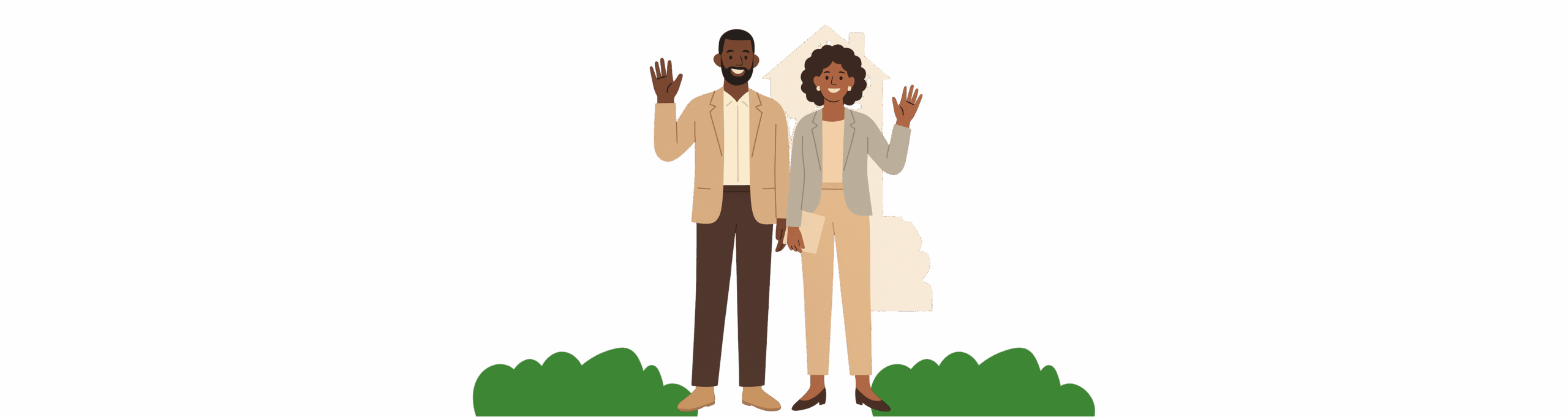 Illustration of a smiling man and woman standing side by side, waving, representing happy tenants and successful leasing services.