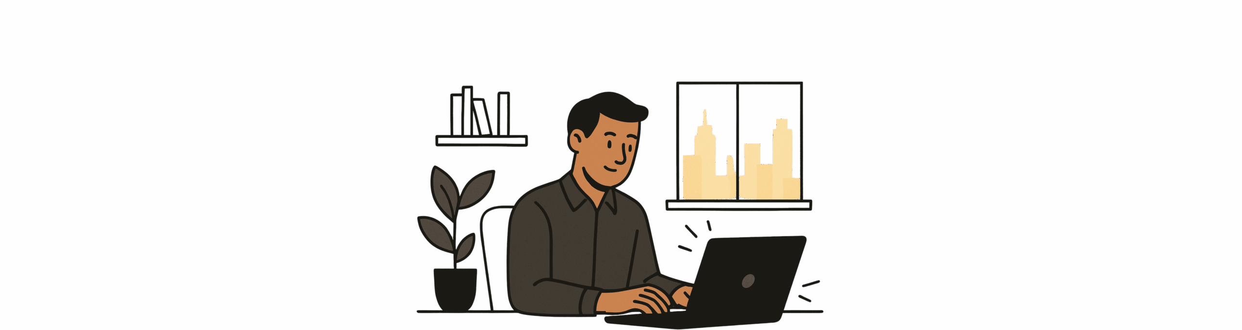 Illustration of a man working on a laptop at home with bookshelf, plant, and city view, representing online property management access.