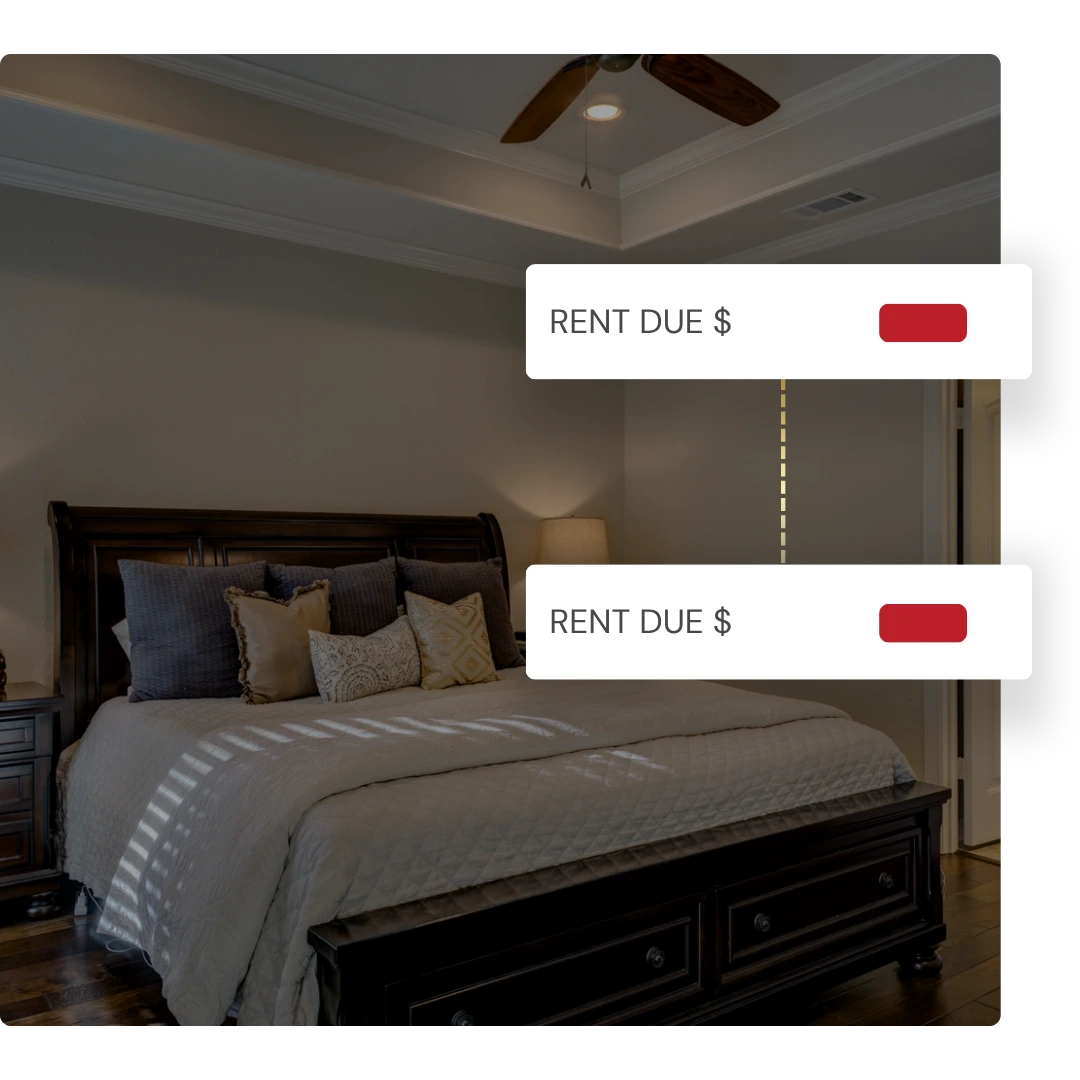 Bedroom interior with digital rent due alerts showing overdue payments in red