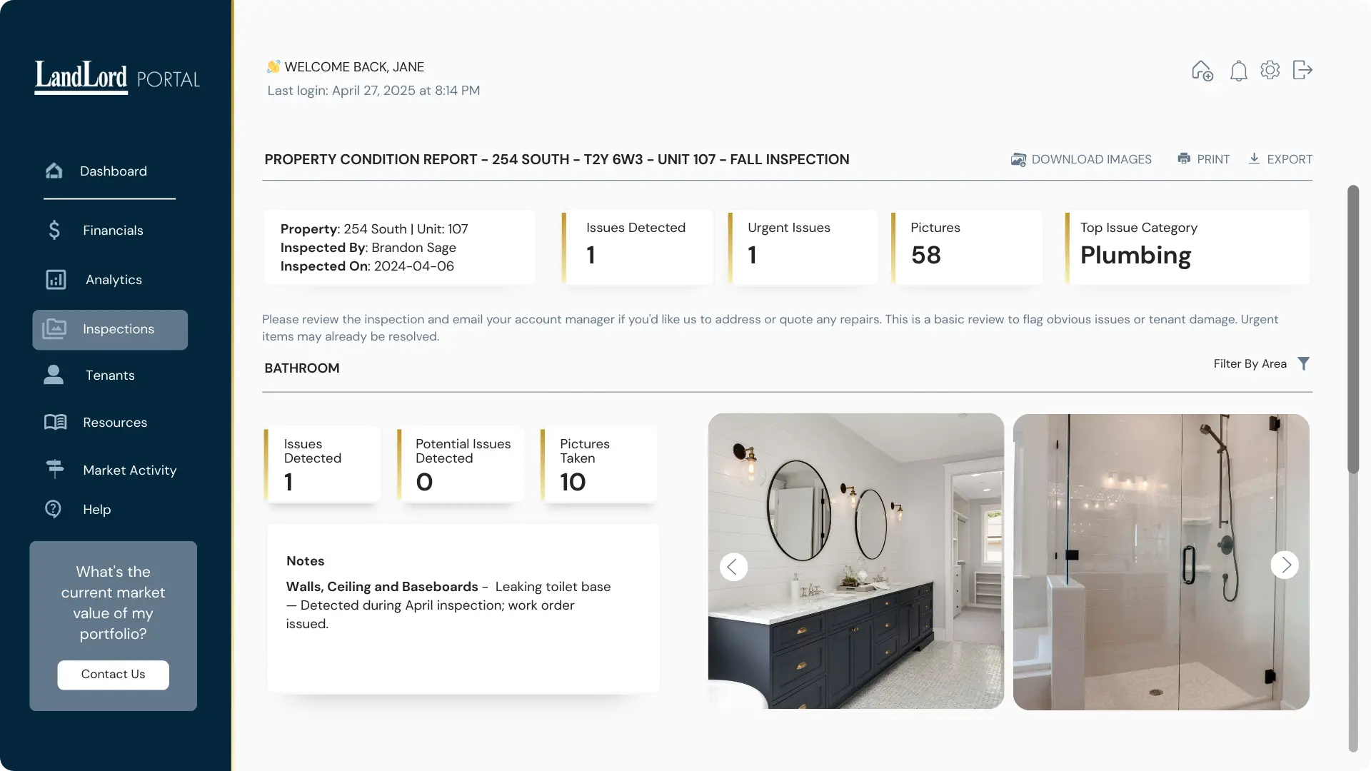 Screenshot of LandLord portal inspection dashboard showing property condition, issues, and photos
