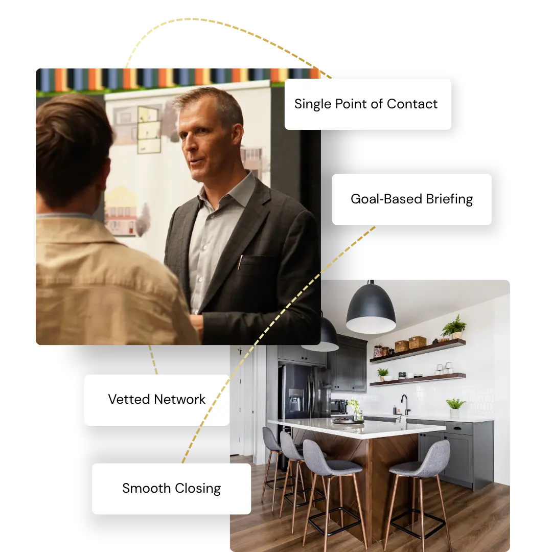 Real estate advisor guiding a client through property purchase with goal-based briefing, vetted network, and smooth closing.