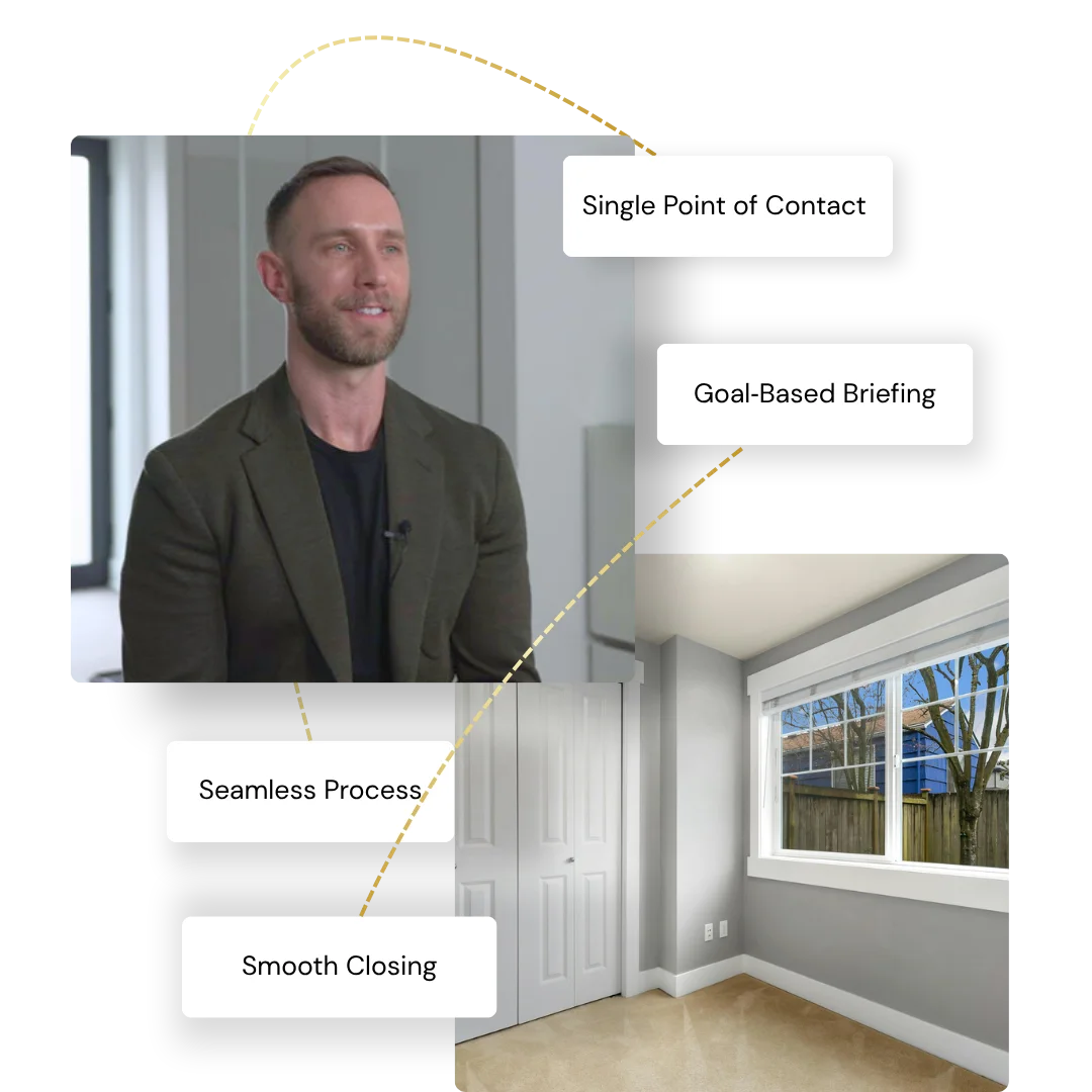Realtor explaining process with Selling advantages overlay: single point of contact, goal-based briefing, seamless process, smooth closing.