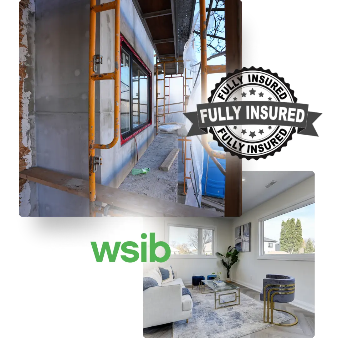 Home renovation project with scaffolding, fully insured badge, WSIB certification, and finished living room interior
