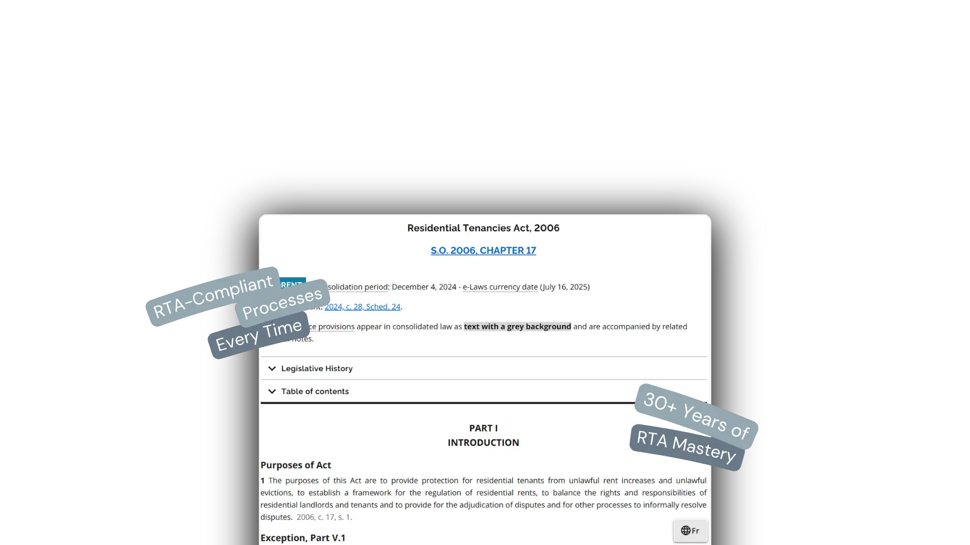 Screenshot of Ontario Residential Tenancies Act with text overlays highlighting RTA-compliant processes and 30+ years of expertise