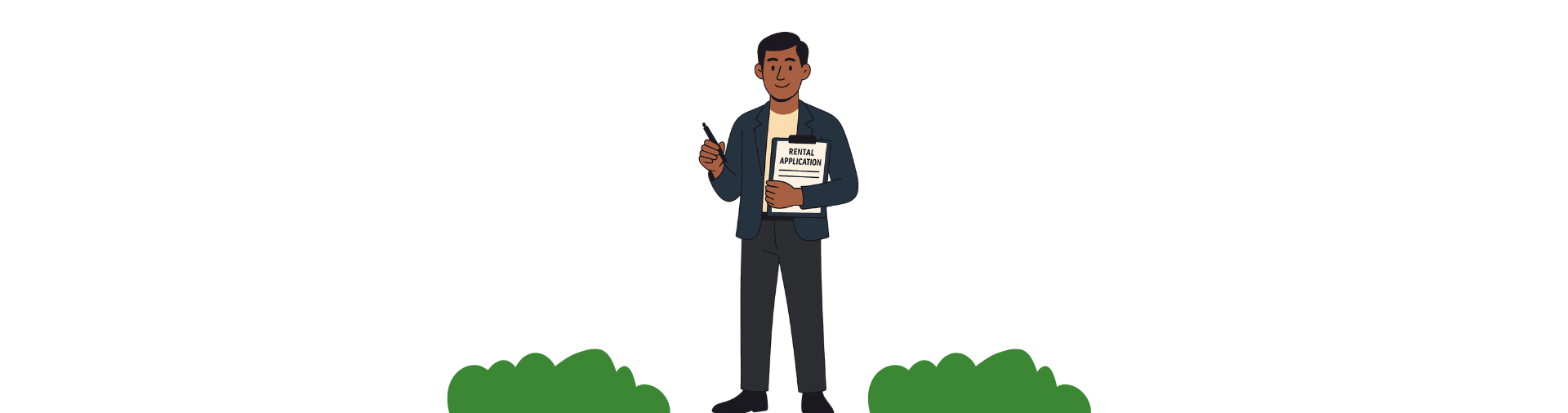 Illustration of a man holding a rental application form and pen, representing rental application process.