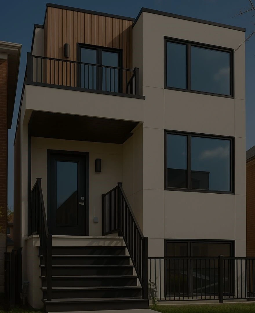 Modern multi-unit residential property with large windows and front steps, managed by LandLord.