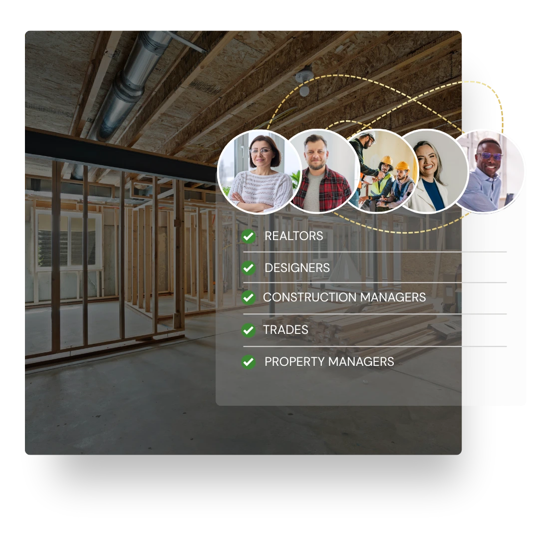 Team concept graphic showing construction site background with profile photos of realtors, designers, managers, and trades.