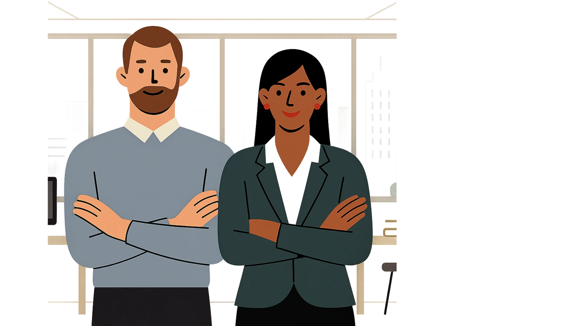 Illustrated man and woman standing confidently with arms crossed, representing the LandLord team