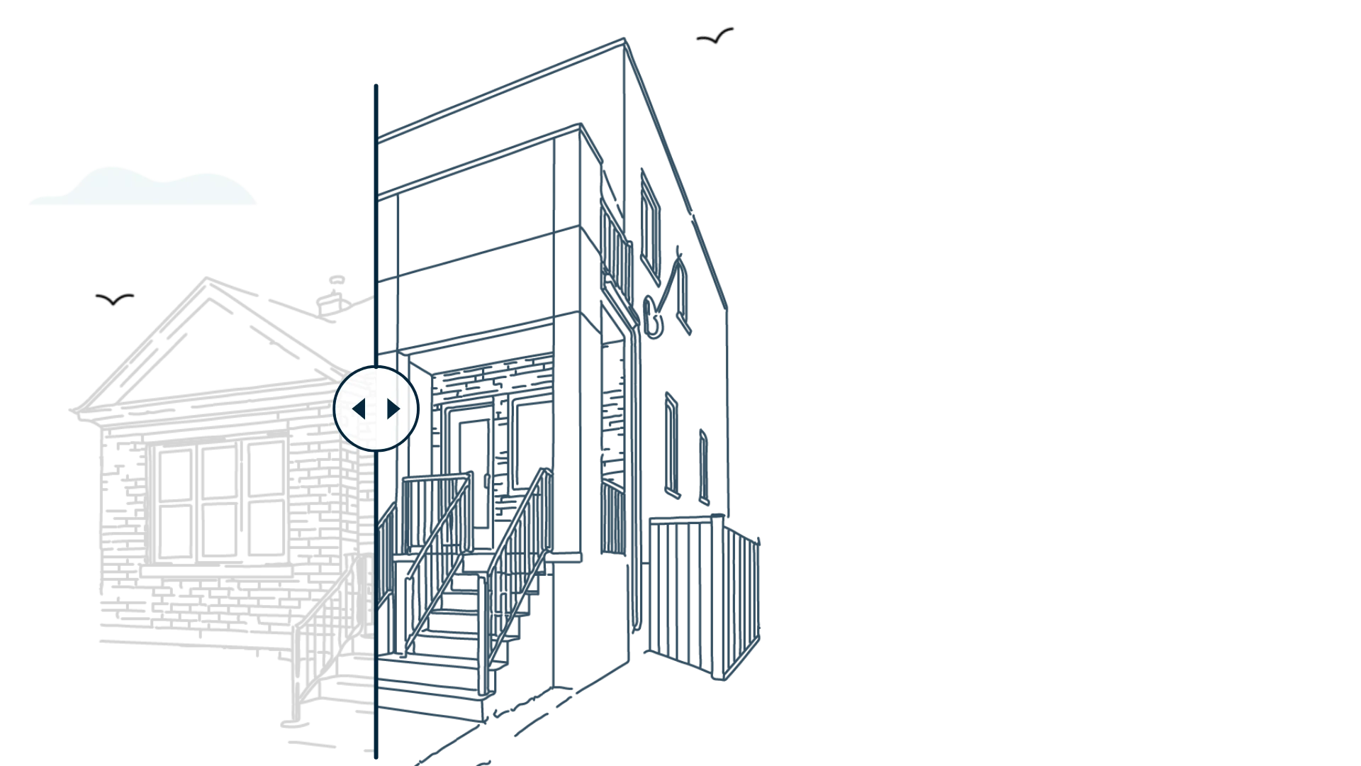 Line drawing illustration of a modern multiplex building exterior with balcony and stairs.
