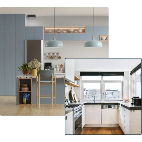 Modern renovated kitchens with sleek cabinetry, pendant lights, and natural light.