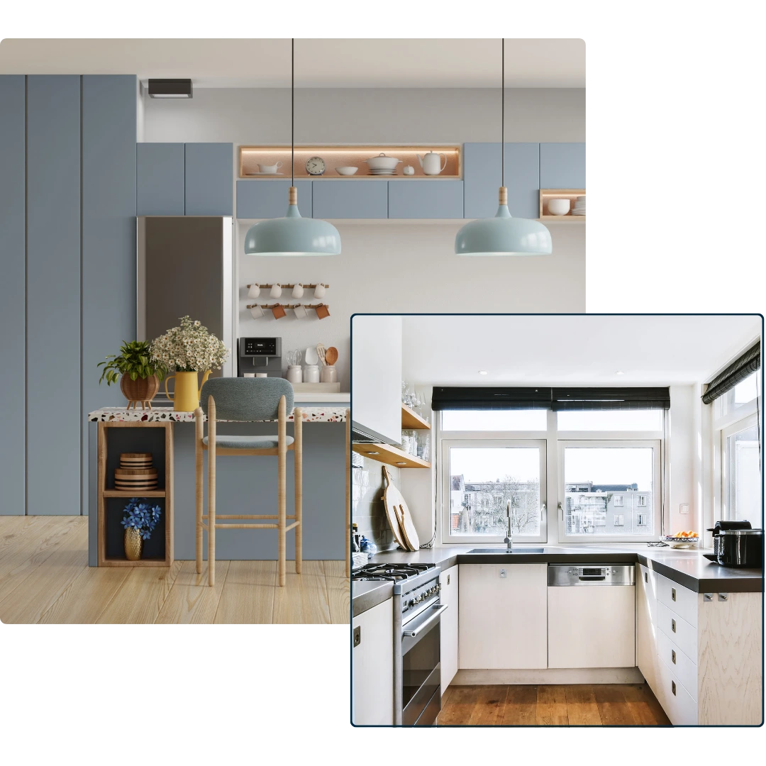 Modern renovated kitchens with sleek cabinetry, pendant lights, and natural light.