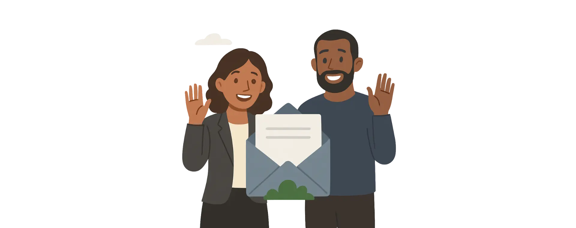 Illustration of two people waving beside a large envelope, used for the unsubscribe confirmation page.