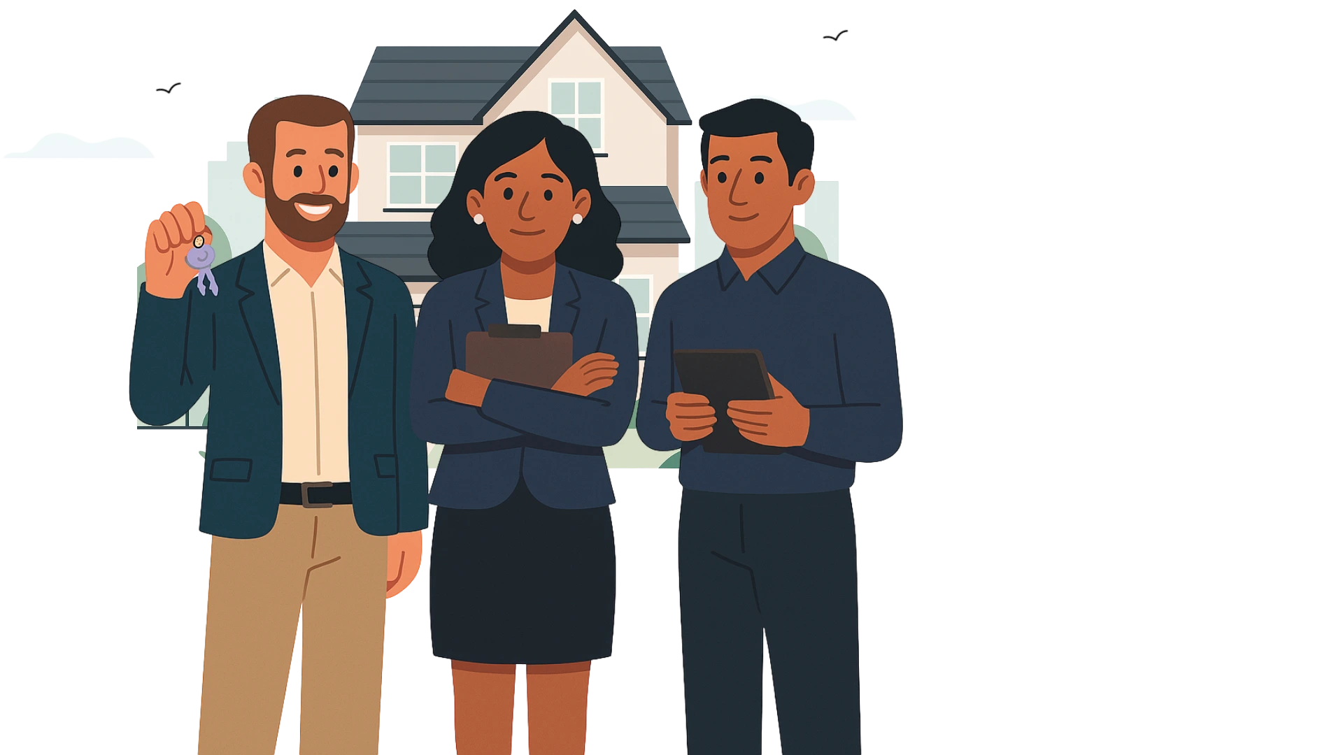 Illustration of a real estate team standing in front of a house, holding keys and tablets, symbolizing property management and client support.