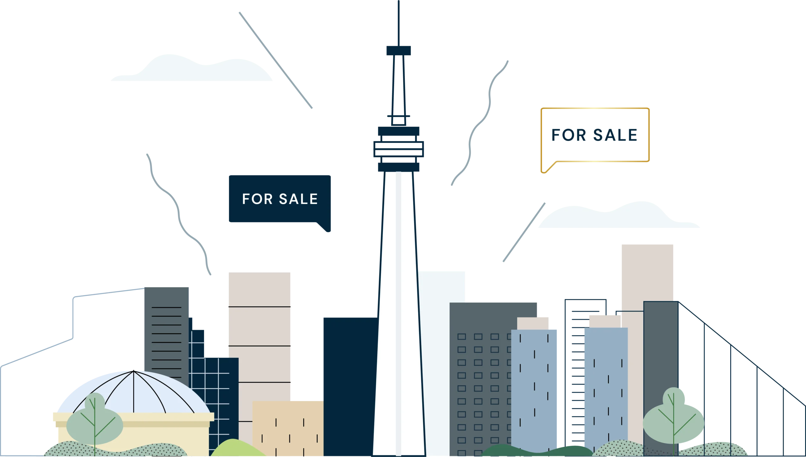 Illustration of Toronto skyline with CN Tower and “For Sale” signs representing LandLord Realty real estate services.
