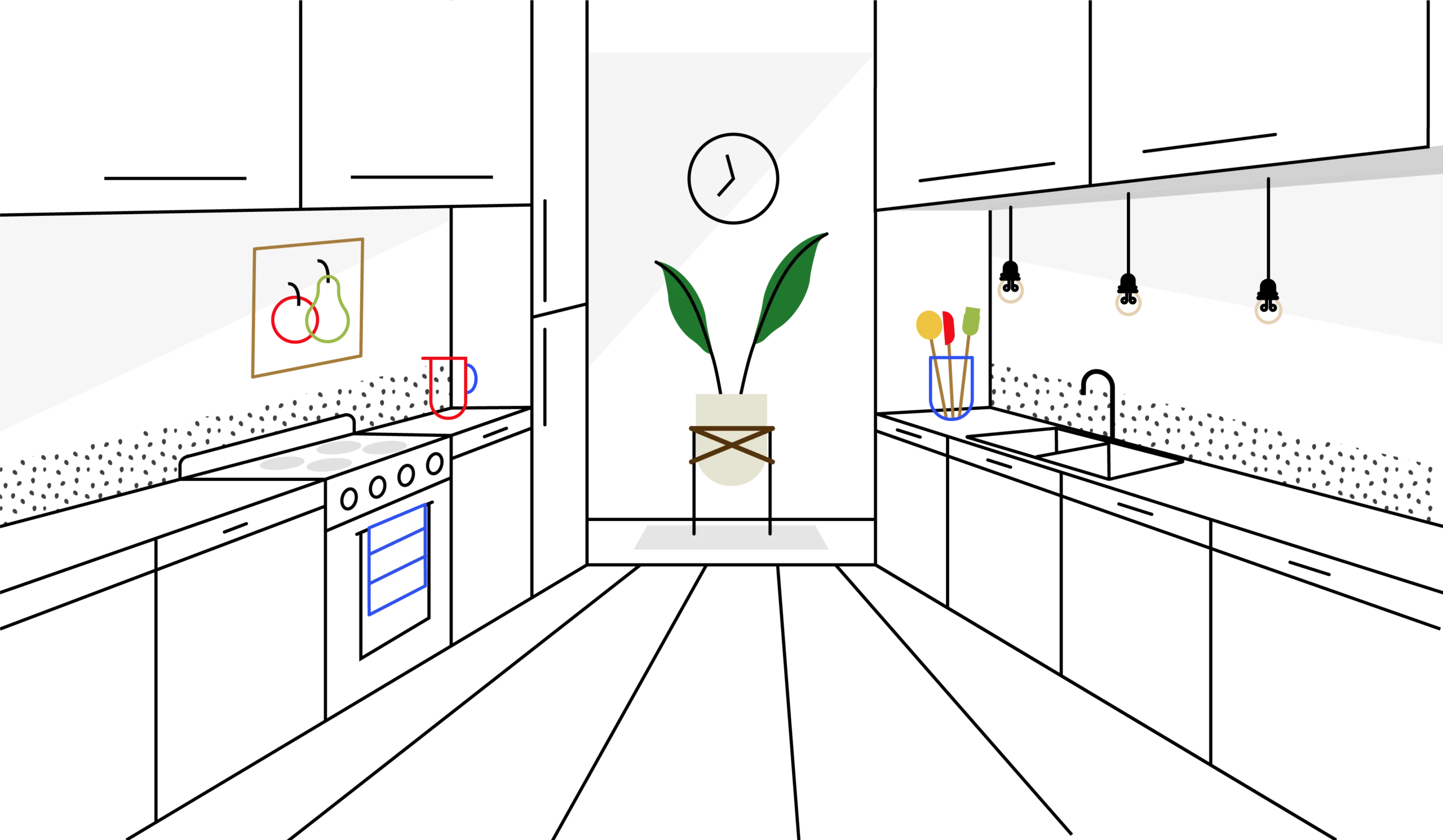 Line drawing of modern kitchen design used in renovation hero section