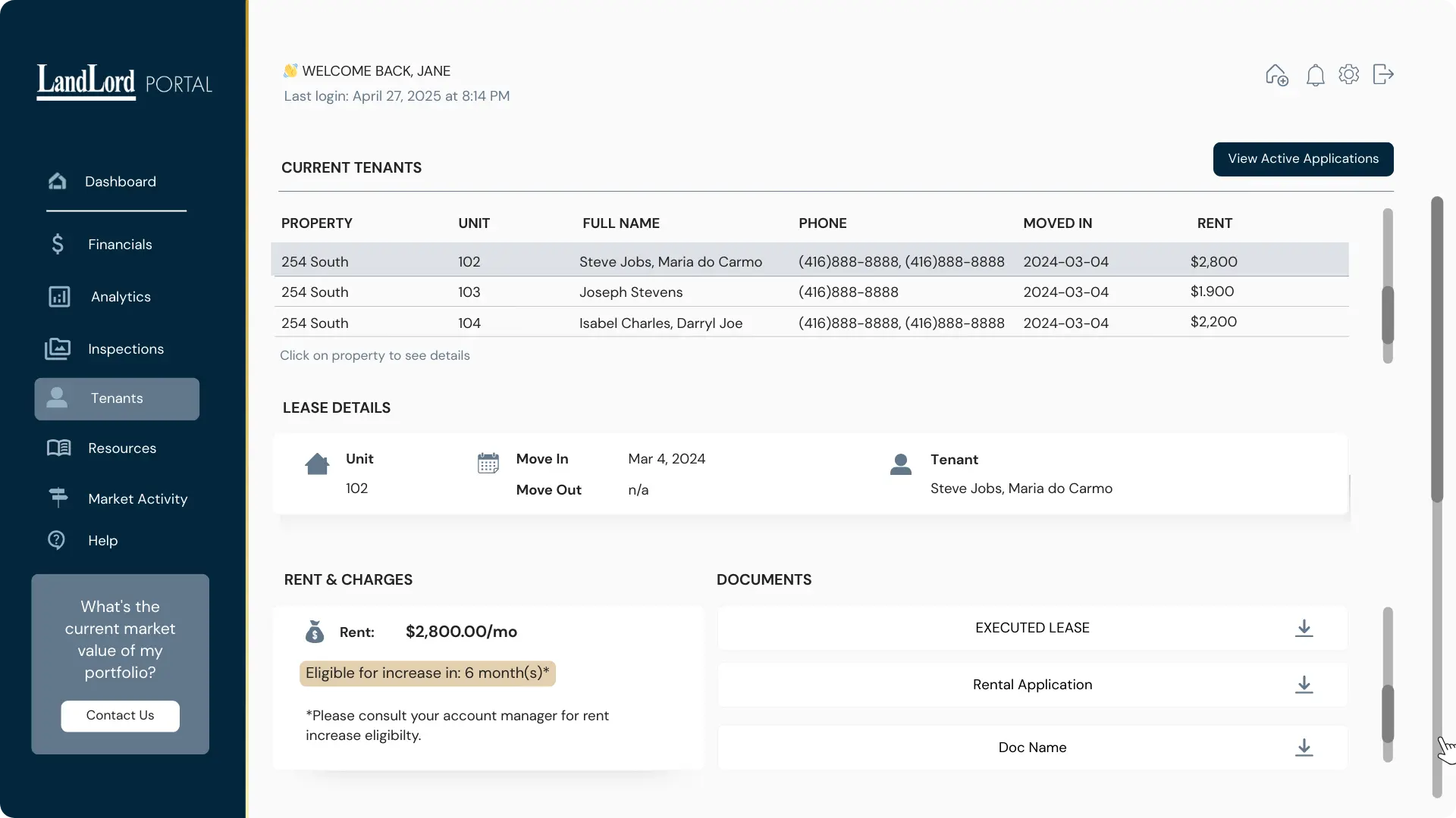 LandLord portal tenant management view displaying current tenants, lease details, rent charges, and rental documents.
