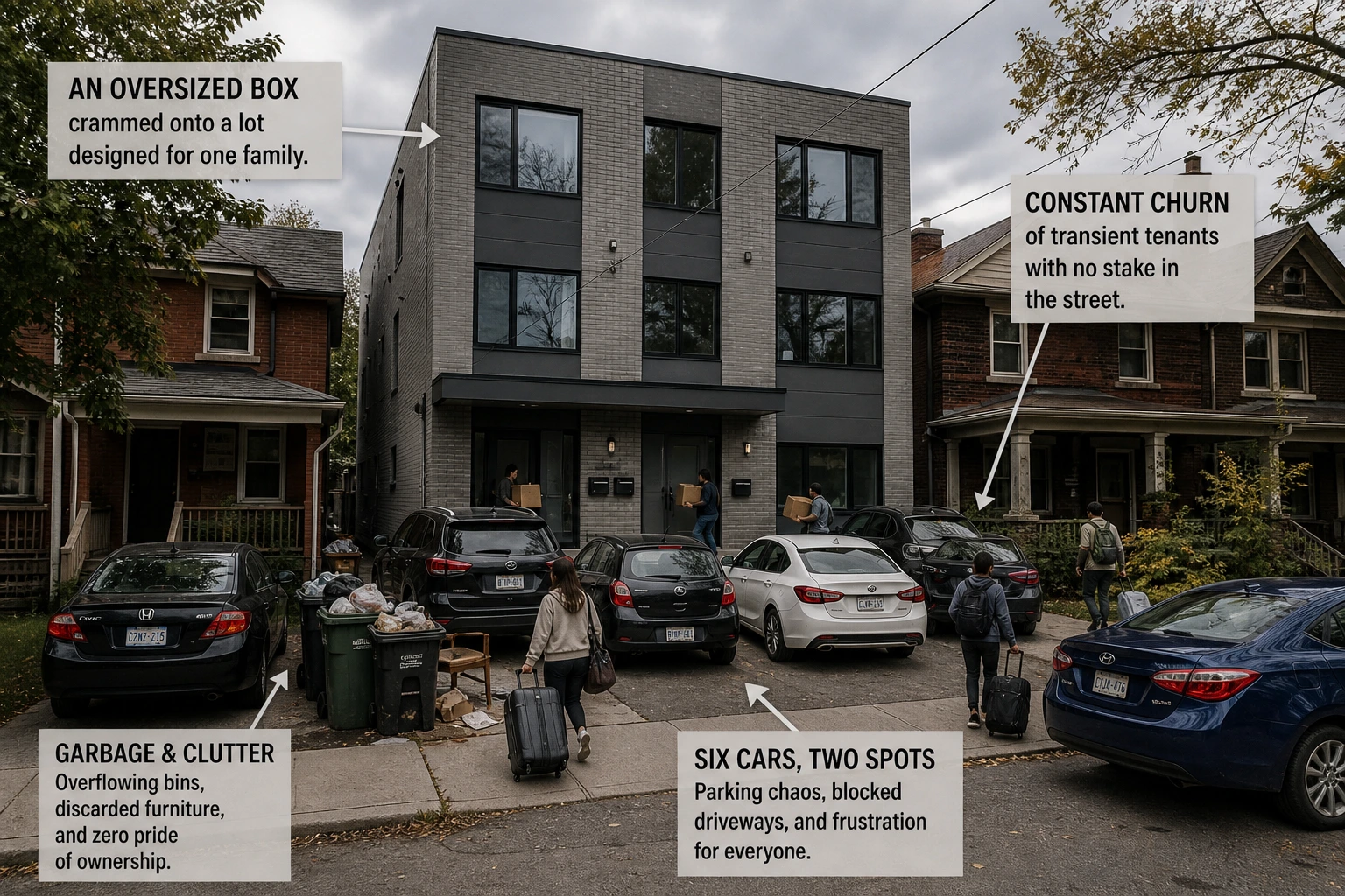 Photograph of a residential street showing a three-story building surrounded by older houses, with six cars parked in two spots causing congestion and blocked driveways.