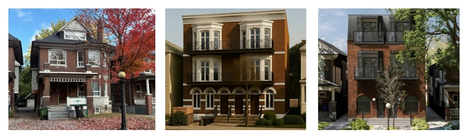 Photograph of three residential buildings showcasing different architectural styles, with the first featuring a traditional brick house with a porch and autumn foliage, the second displaying a classic multi-story building with arched windows and balconies, and the third highlighting a modern brick structure with large windows and a small tree in front. The images emphasize contrasts in design, materials, and landscaping across urban housing types.