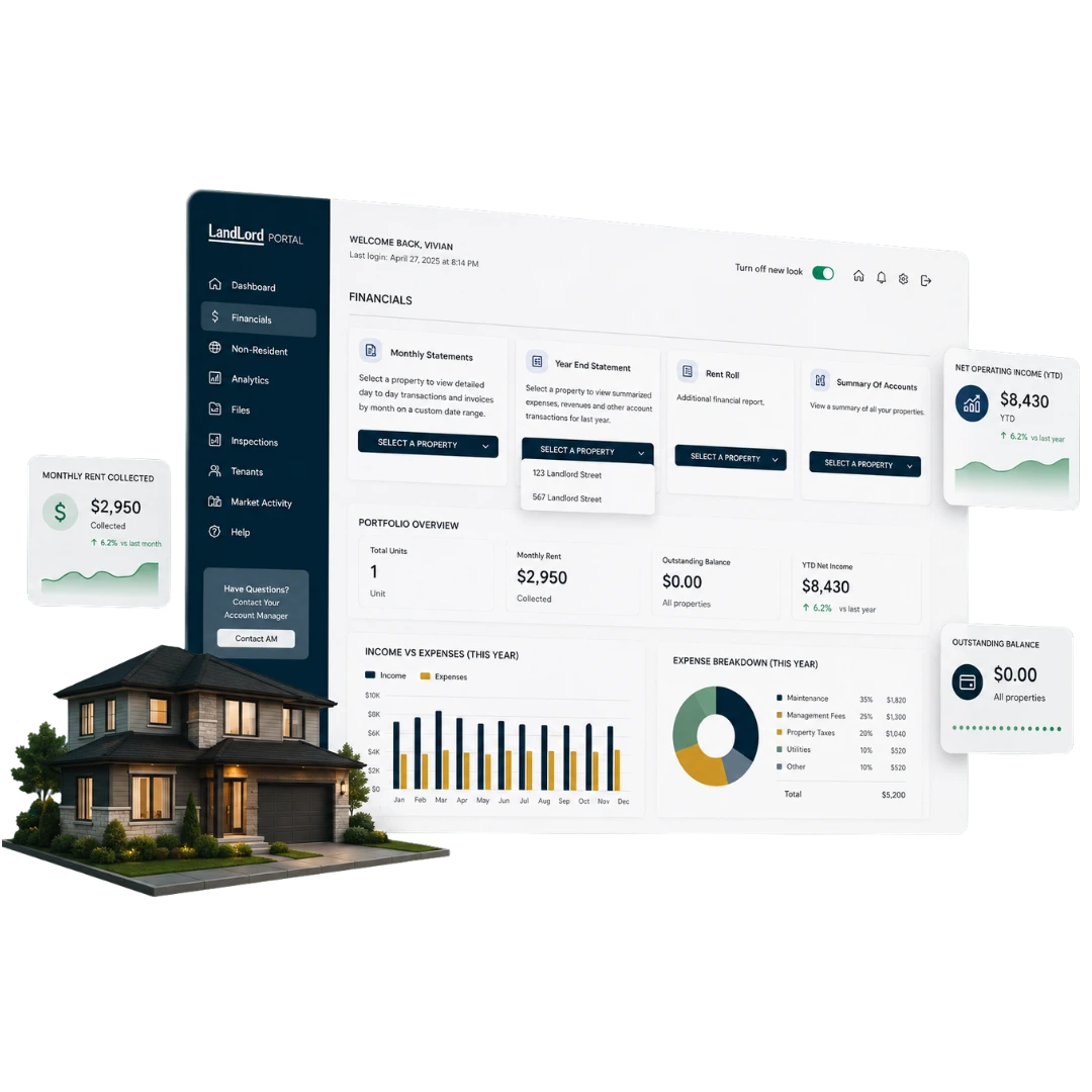 LandLord client portal for house and townhouse owners showing organized rental information and reporting