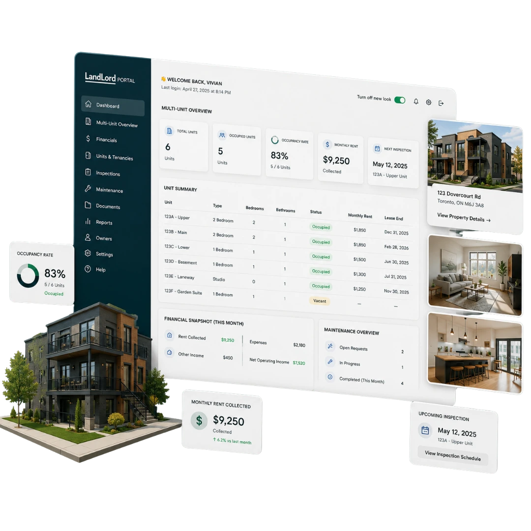 LandLord client portal for multi-unit property owners showing organized rental information and reporting