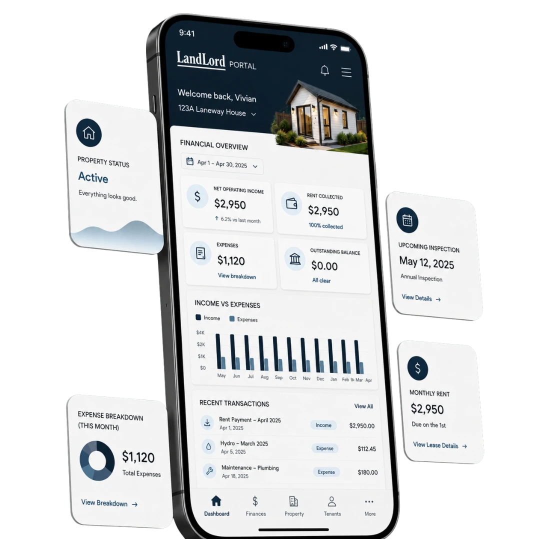 LandLord client portal for secondary-suite property owners showing organized rental information and reporting