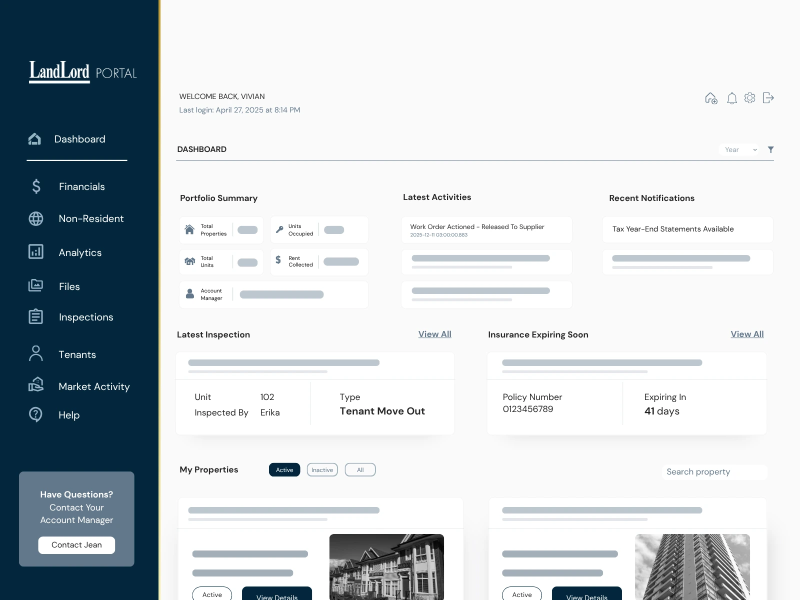 LandLord client portal financial dashboard showing rental property income and financial trends