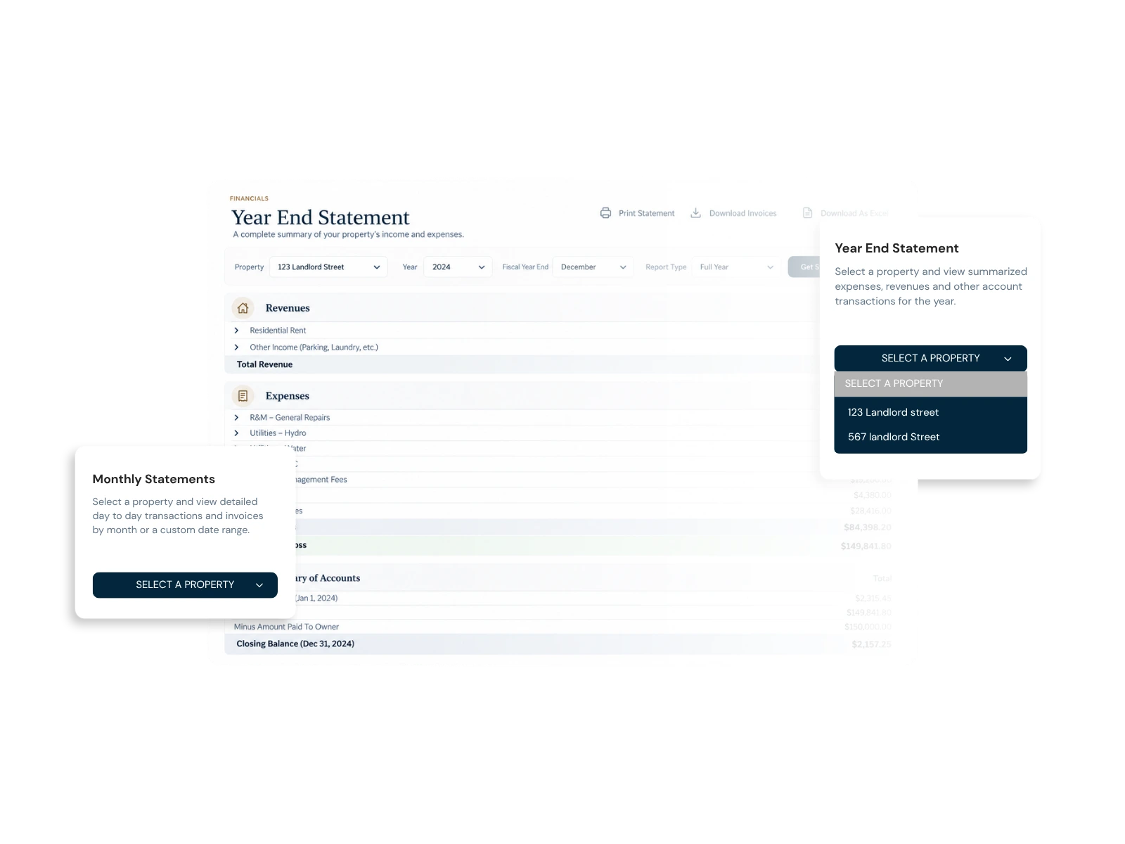 LandLord Client Portal financial reporting showing statements, transactions and supporting property expenses