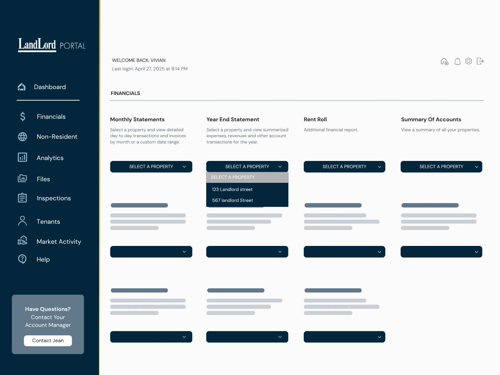LandLord property management financial information displayed in the client portal