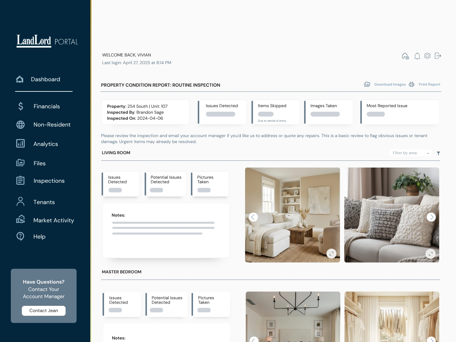 LandLord client portal inspection report with property photos and inspection details