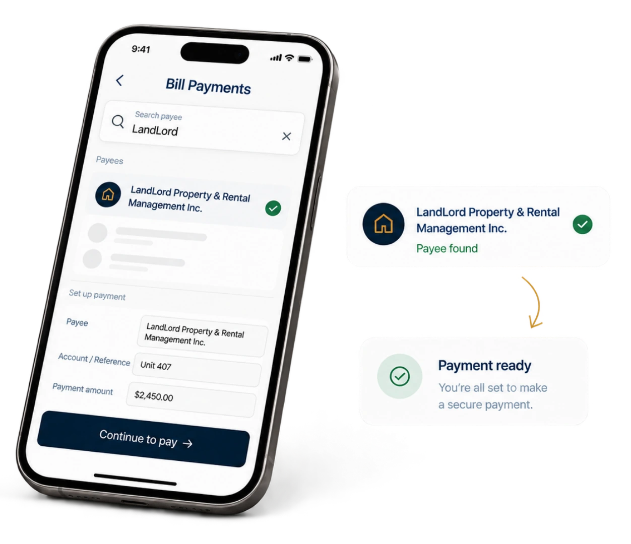 Tenant paying rent through online banking with LandLord listed as a payee