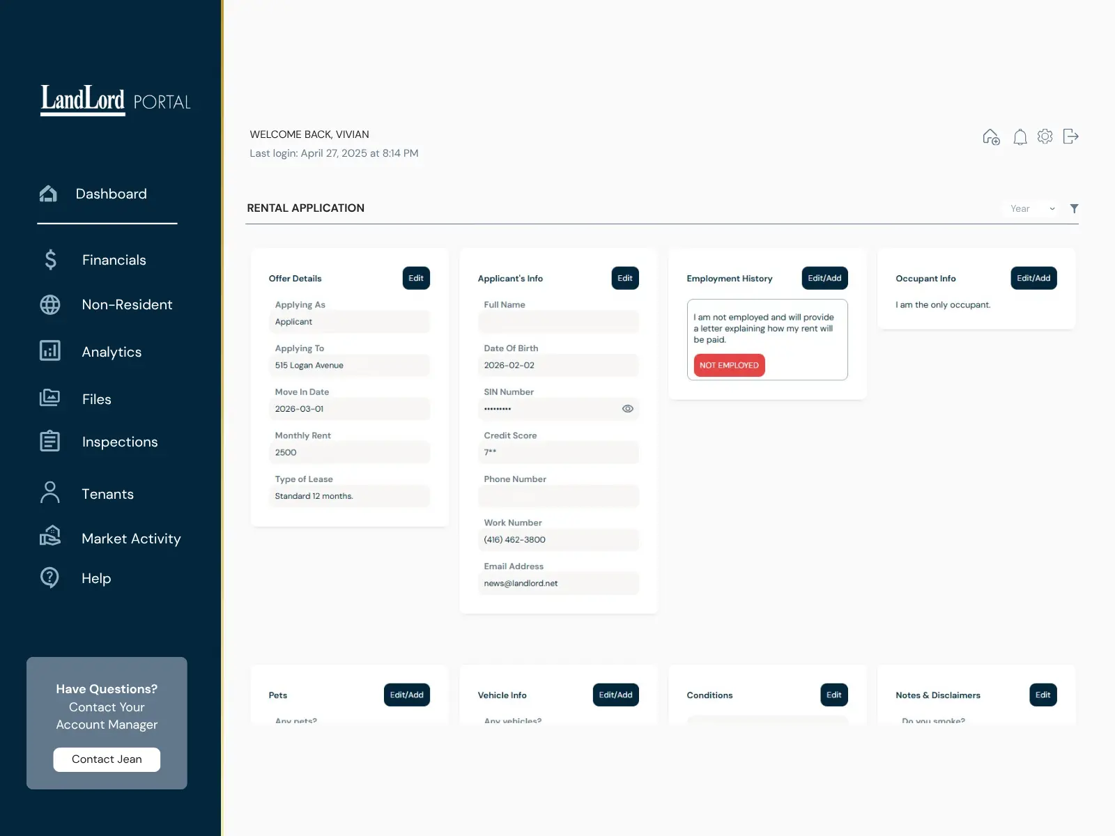 LandLord rental application system showing leasing application information
