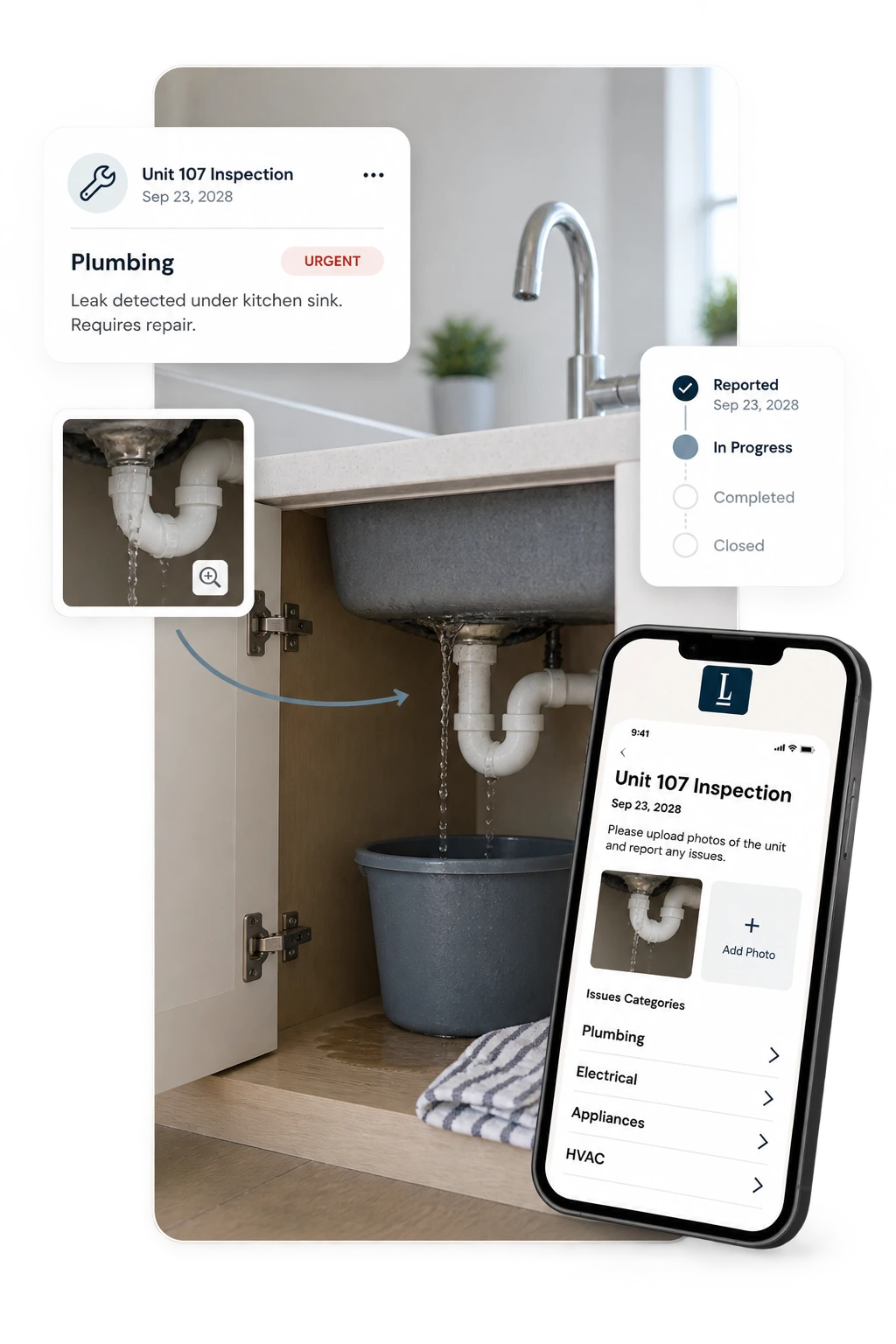 LandLord inspection app showing a leak repair documented as reported, in progress and complete